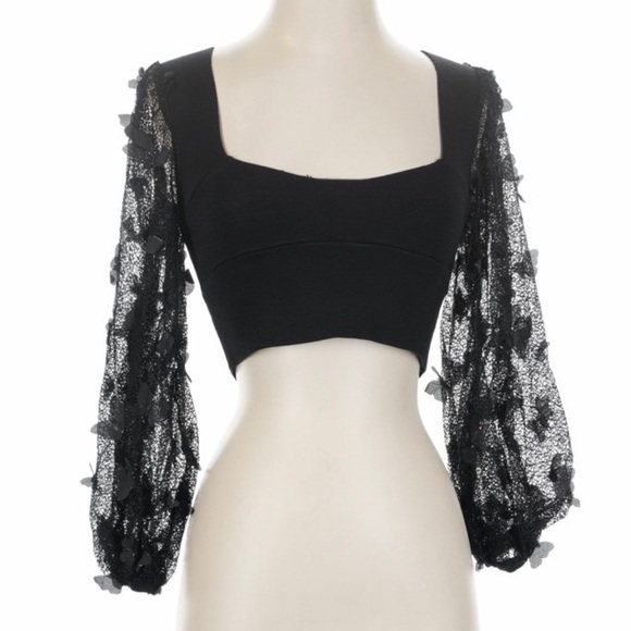 Free People Flutter By Crop Black Lace Top Sheer Sleeve Size Small - Picture 3 of 4